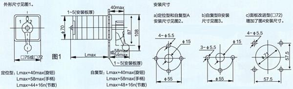 LW5-16系列萬(wàn)能轉(zhuǎn)換開(kāi)關(guān)外形和安裝尺寸