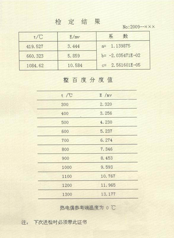 標(biāo)準鉑銠10-鉑熱電偶檢定證書背面格式