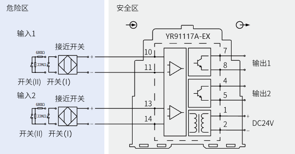二入二出開(kāi)關(guān)量安全柵(晶閘管輸出)接線圖