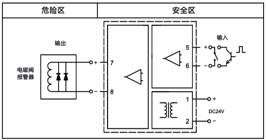 獨(dú)立供電，一入一出，開關(guān)量輸出隔離式安全柵接線圖