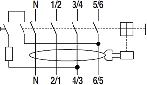 對于N極在左側(cè)的4P漏電保護(hù)開關(guān)，測試按鈕回路是串聯(lián)在3/4-4/3和5/6-6/5兩極